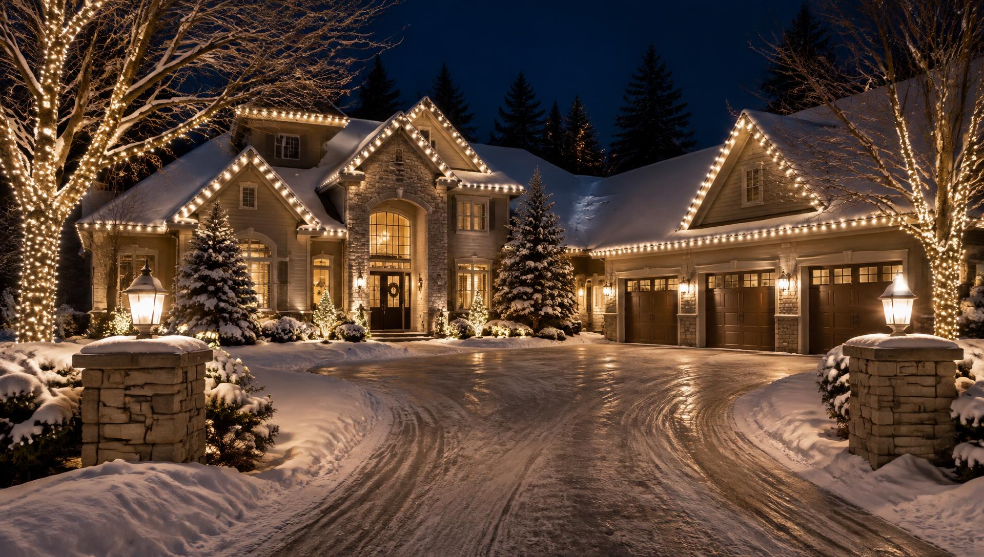 Fully illuminated home at night with professional Christmas lighting